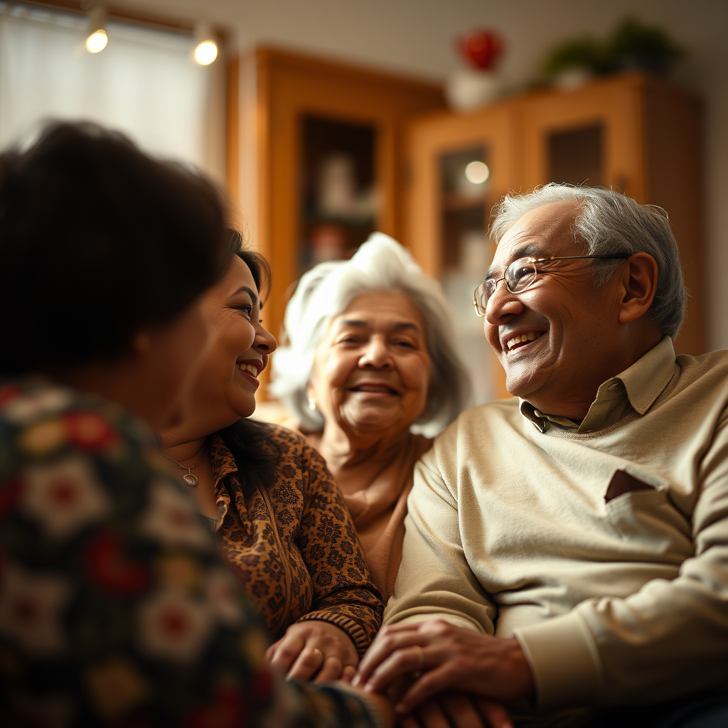 A Hispanic family, including elderly members, happy and together in their home