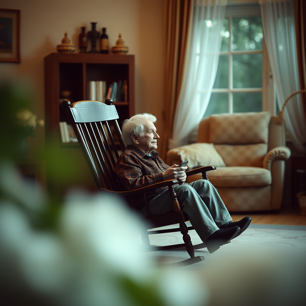 an old person sitting comfortably in a rocking chair in a home